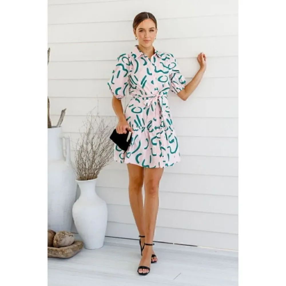 YH & CO Puffed Sleeve Pink and White Dress Size 10/M